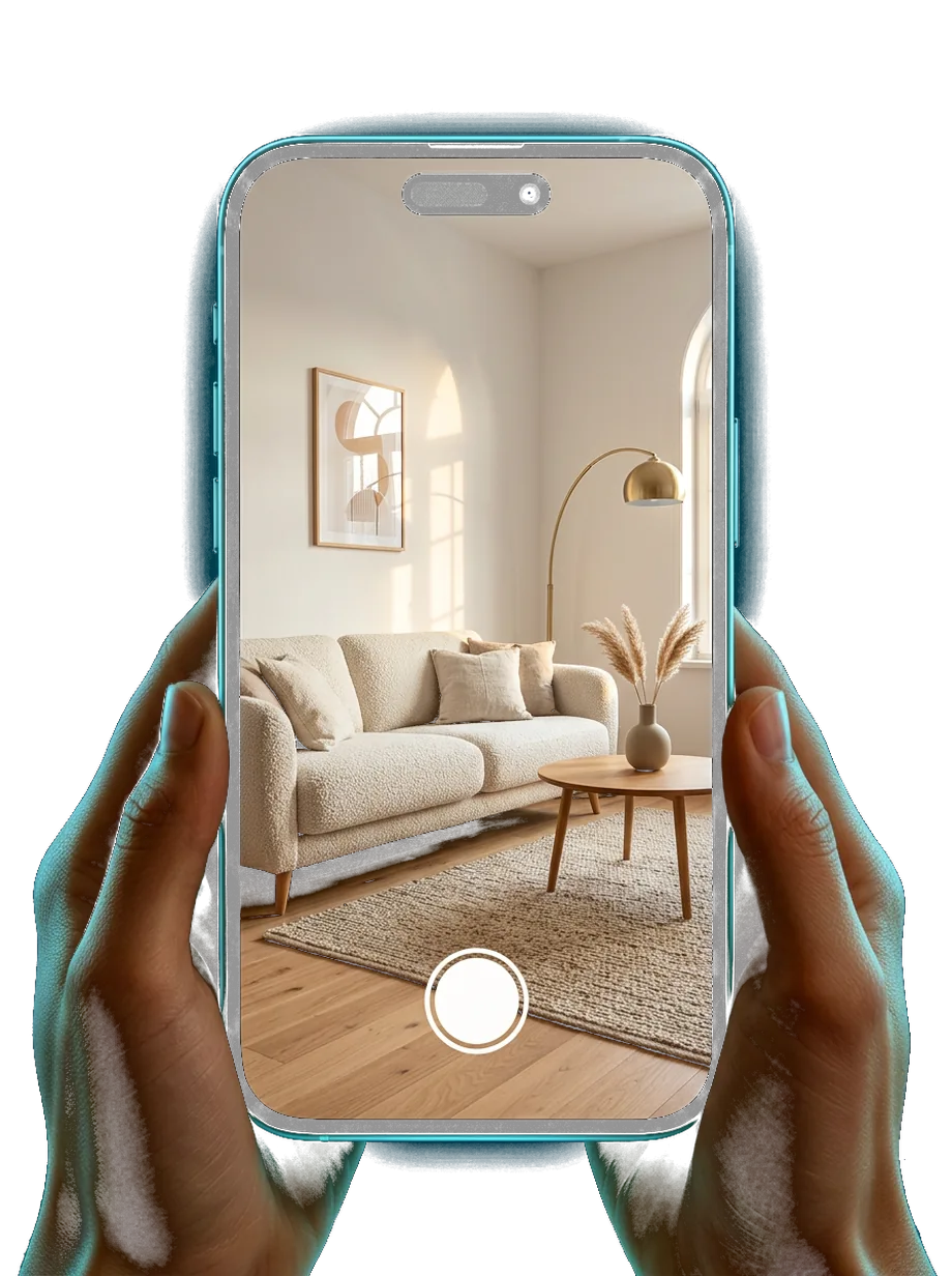 iPhone showing a live camera capture of a modern living room during a ResetProof verification